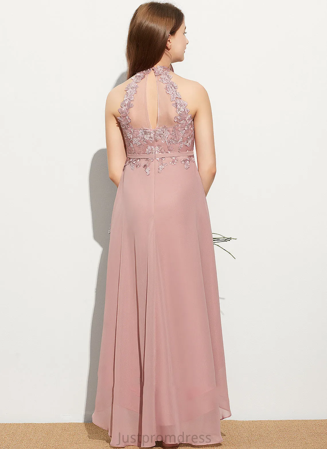 A-Line Asymmetrical Junior Bridesmaid Dresses Neck Lace Scoop Lara Chiffon