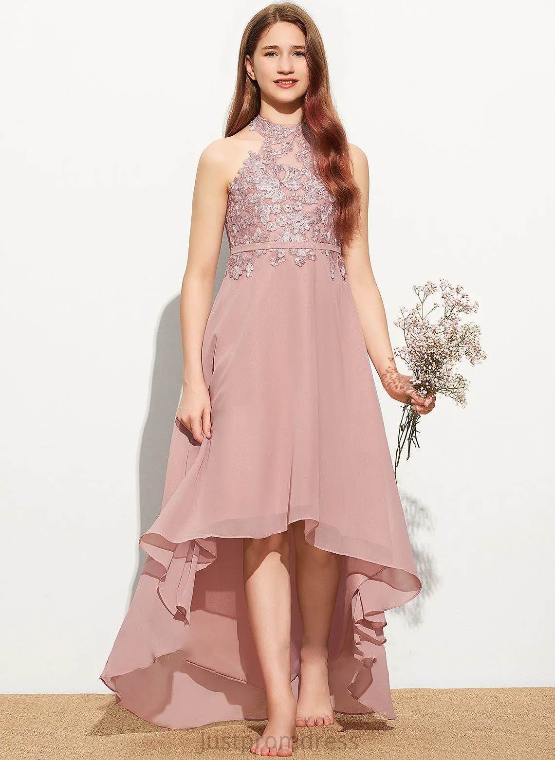 A-Line Asymmetrical Junior Bridesmaid Dresses Neck Lace Scoop Lara Chiffon