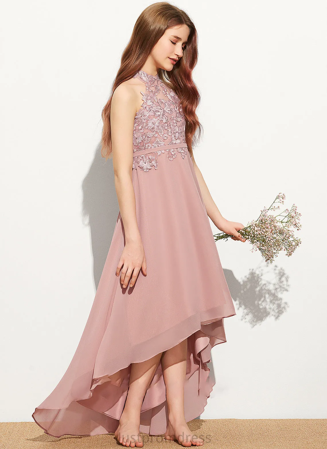 A-Line Asymmetrical Junior Bridesmaid Dresses Neck Lace Scoop Lara Chiffon