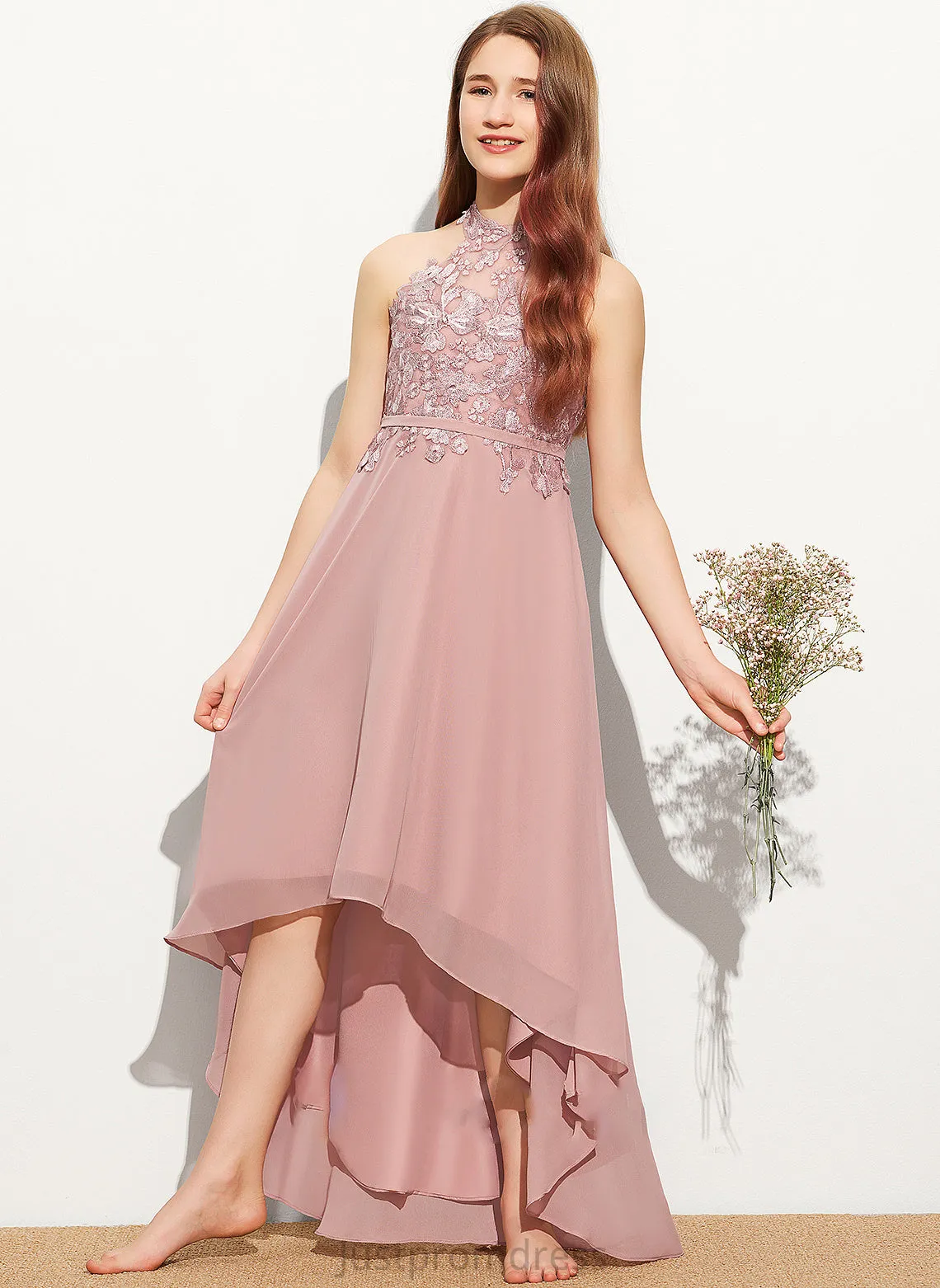 A-Line Asymmetrical Junior Bridesmaid Dresses Neck Lace Scoop Lara Chiffon