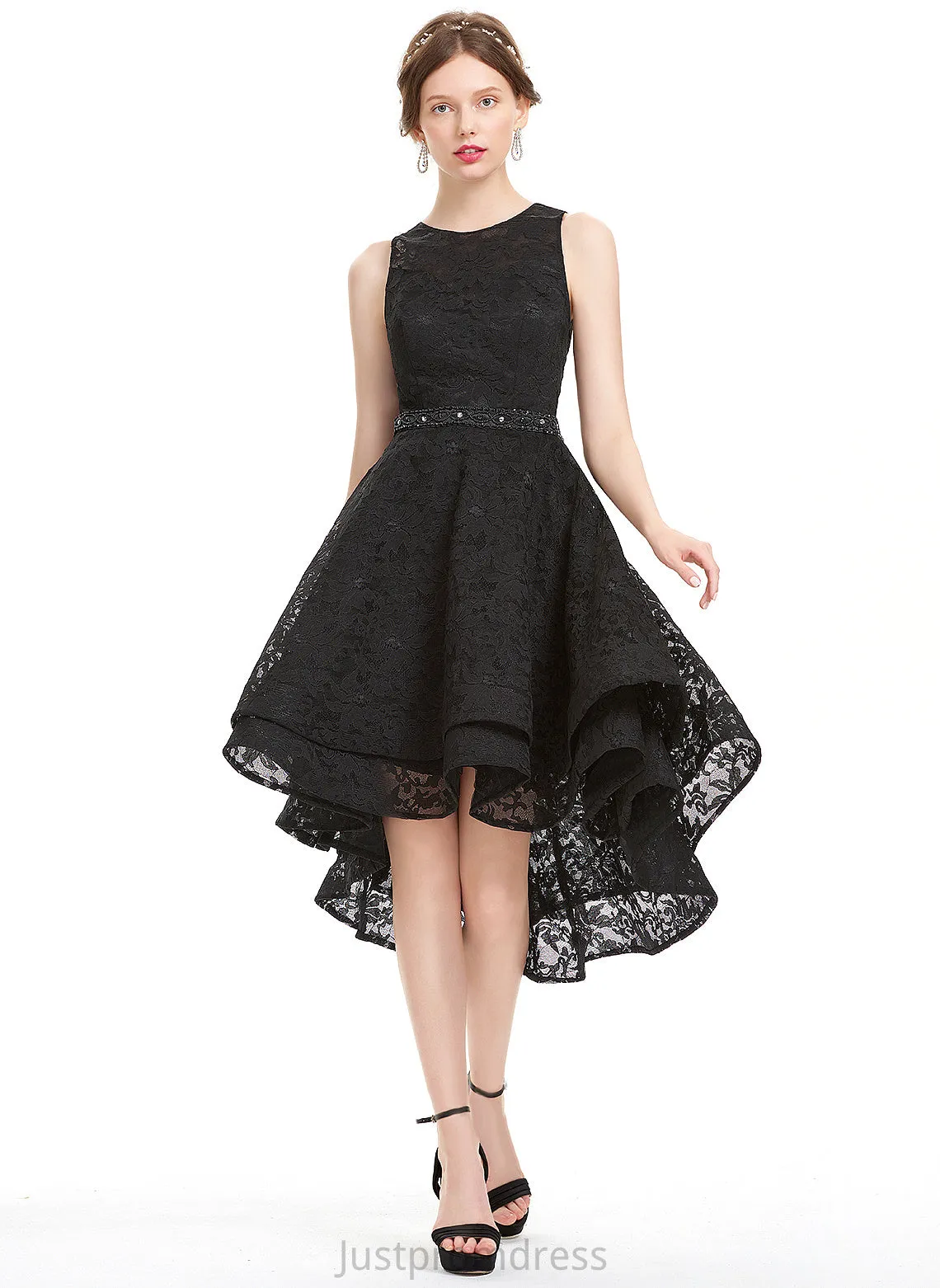 A-Line Beading Asymmetrical Lace With Neck Cameron Lace Homecoming Dress Homecoming Dresses Scoop