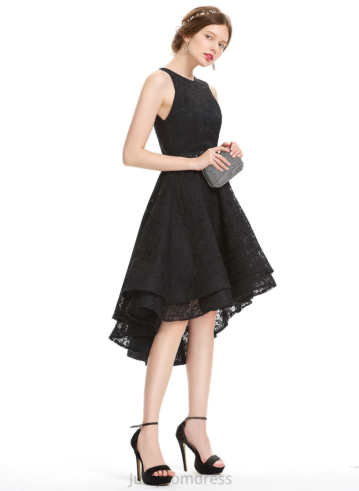 A-Line Beading Asymmetrical Lace With Neck Cameron Lace Homecoming Dress Homecoming Dresses Scoop