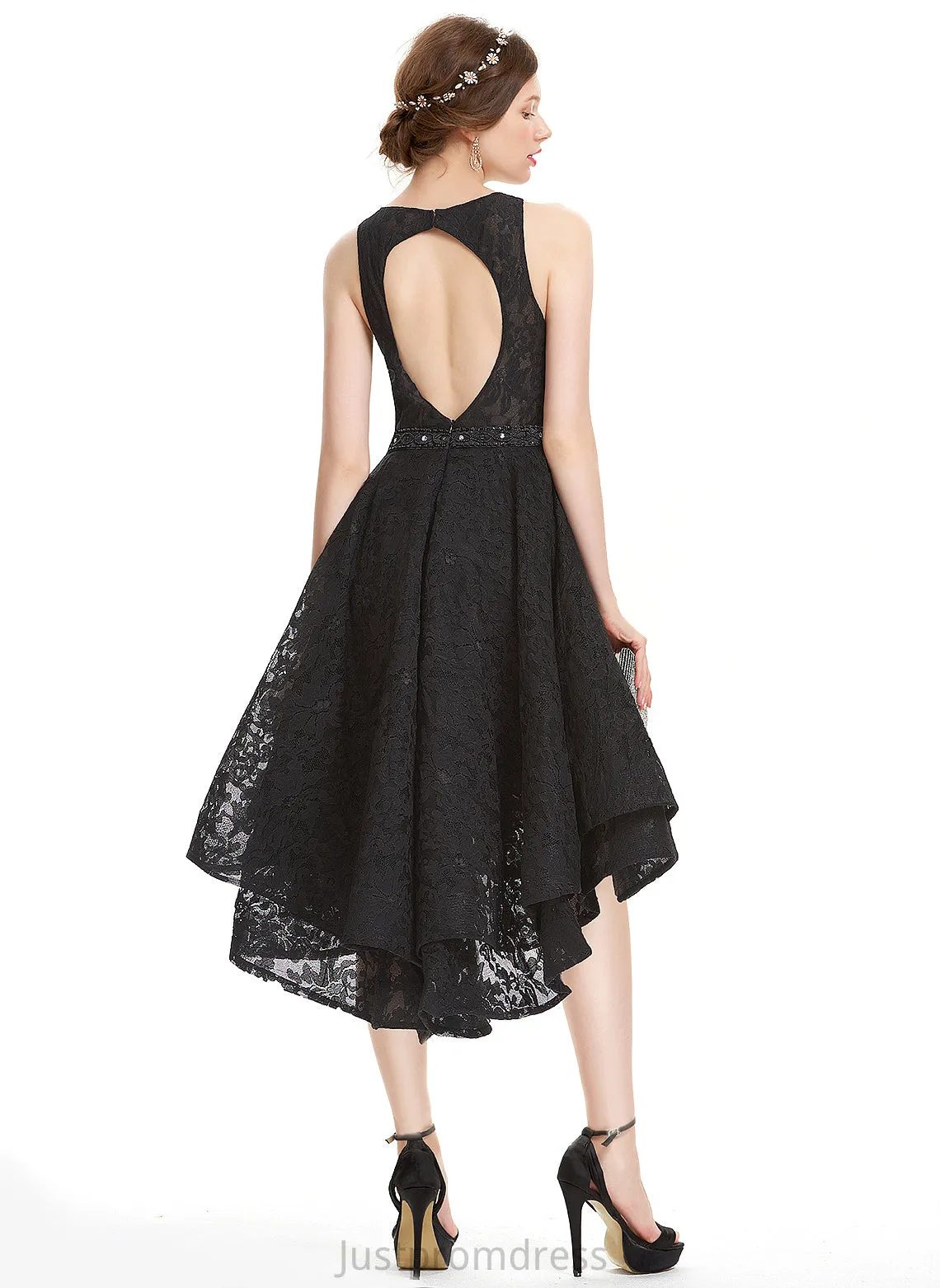 A-Line Beading Asymmetrical Lace With Neck Cameron Lace Homecoming Dress Homecoming Dresses Scoop