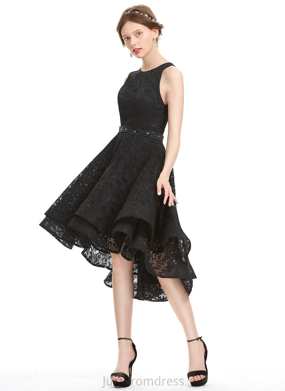 A-Line Beading Asymmetrical Lace With Neck Cameron Lace Homecoming Dress Homecoming Dresses Scoop