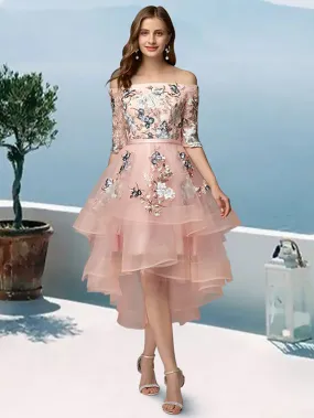 A-Line Prom Dresses Dress Evening Party Asymmetrical Half Sleeve Off Shoulder Satin with Embroidery Appliques