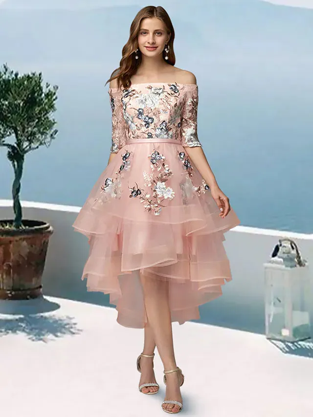 A-Line Prom Dresses Dress Evening Party Asymmetrical Half Sleeve Off Shoulder Satin with Embroidery Appliques