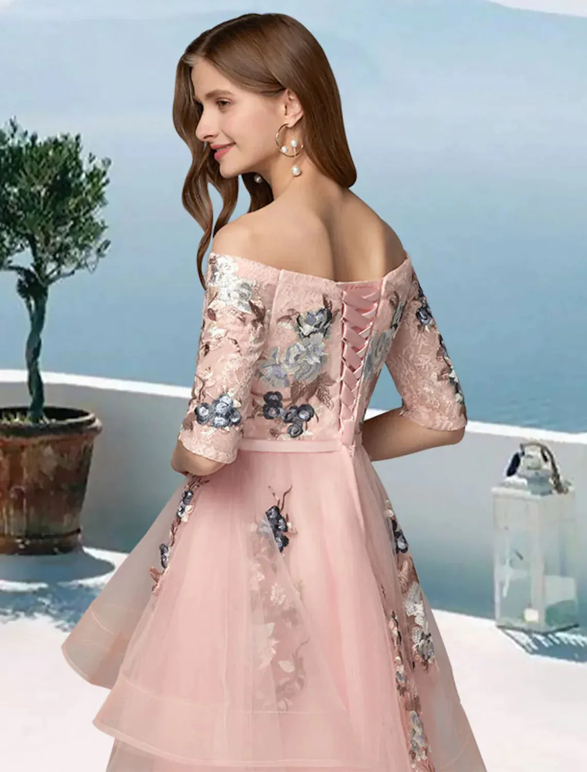 A-Line Prom Dresses Dress Evening Party Asymmetrical Half Sleeve Off Shoulder Satin with Embroidery Appliques