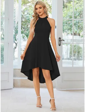 A-Line Wedding Guest Dresses Casual Dress Party Wear Asymmetrical Sleeveless Halter Stretch Fabric with Pleats Pure Color