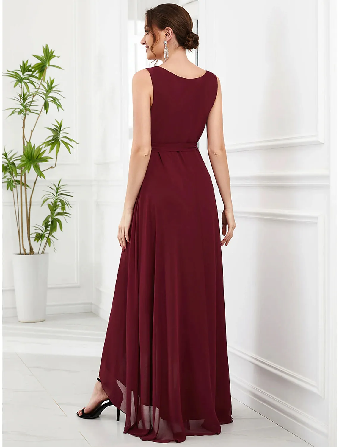 A-Line Wedding Guest Dresses Elegant Dress Party Wear Asymmetrical Sleeveless V Neck Chiffon with Ruffles Strappy