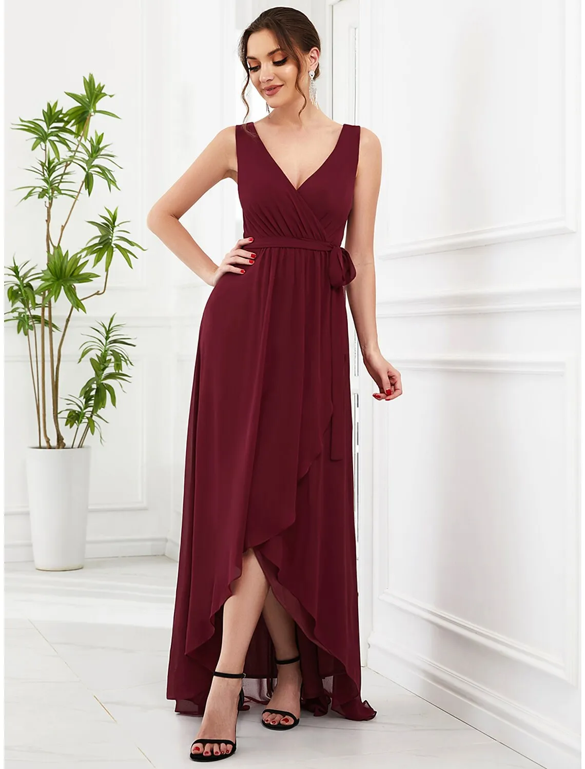 A-Line Wedding Guest Dresses Elegant Dress Party Wear Asymmetrical Sleeveless V Neck Chiffon with Ruffles Strappy