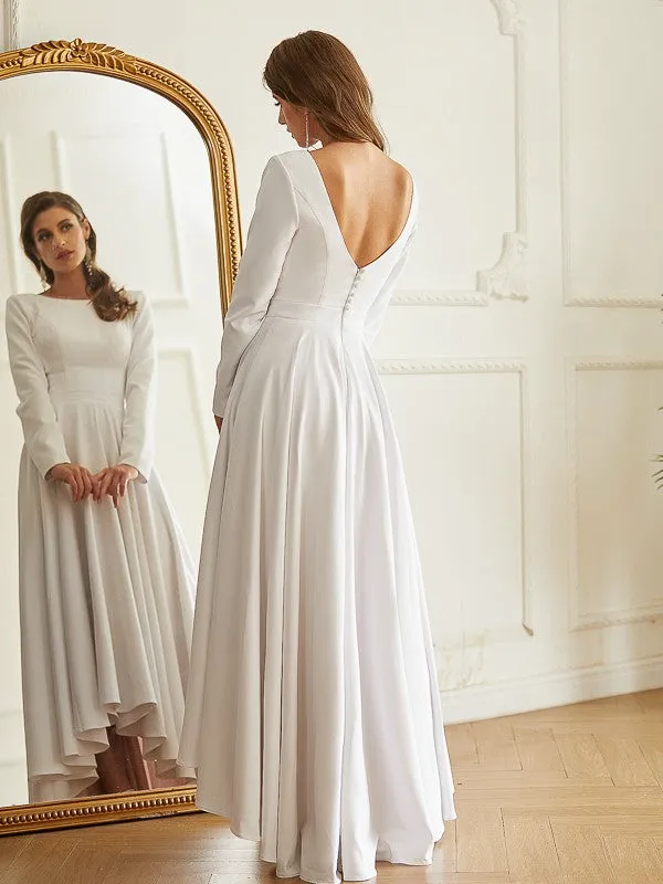 A-Line/Princess Stretch Crepe Ruffles Scoop Long Sleeves Asymmetrical Wedding Dresses