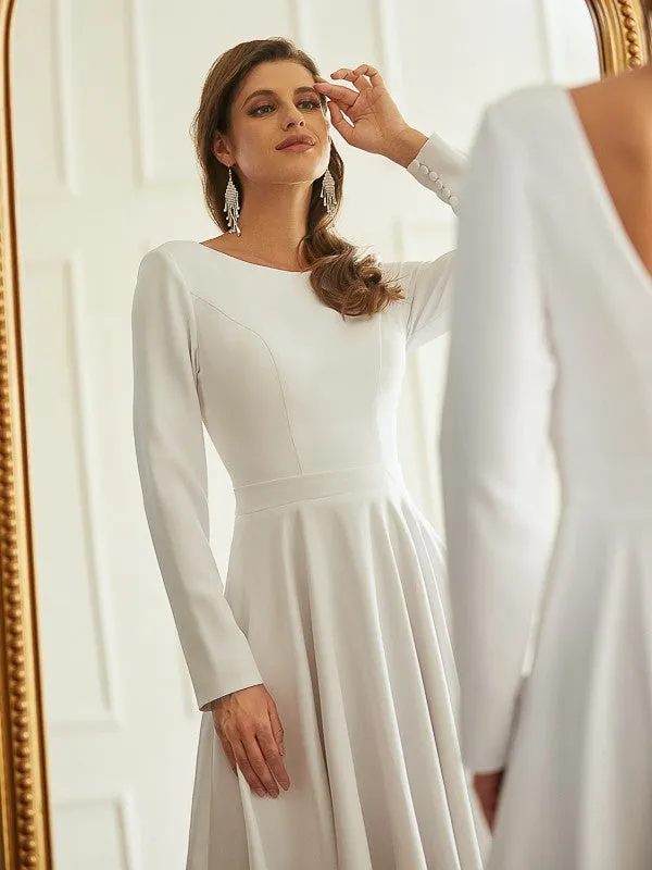 A-Line/Princess Stretch Crepe Ruffles Scoop Long Sleeves Asymmetrical Wedding Dresses