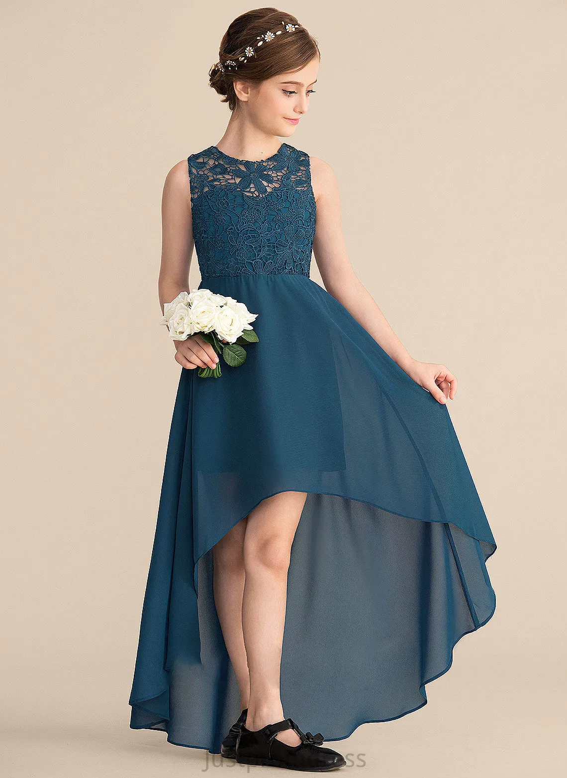 Adeline A-Line Asymmetrical Neck Junior Bridesmaid Dresses Lace Scoop Chiffon