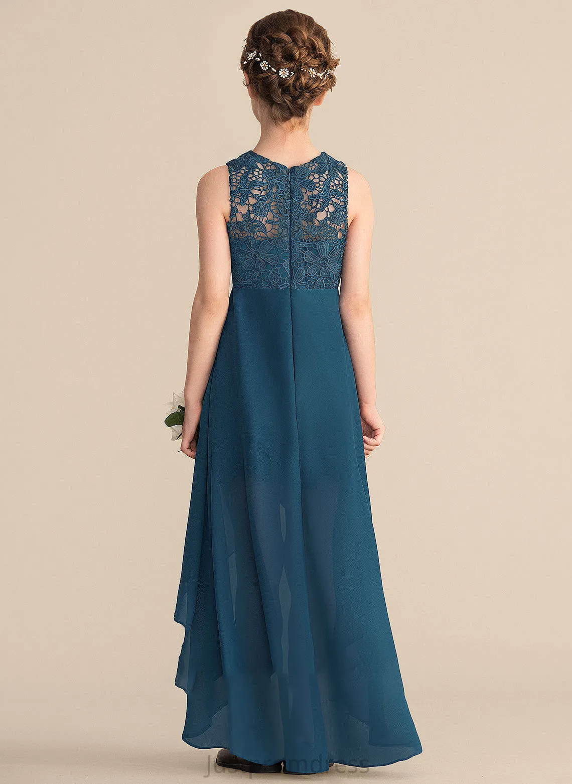 Adeline A-Line Asymmetrical Neck Junior Bridesmaid Dresses Lace Scoop Chiffon