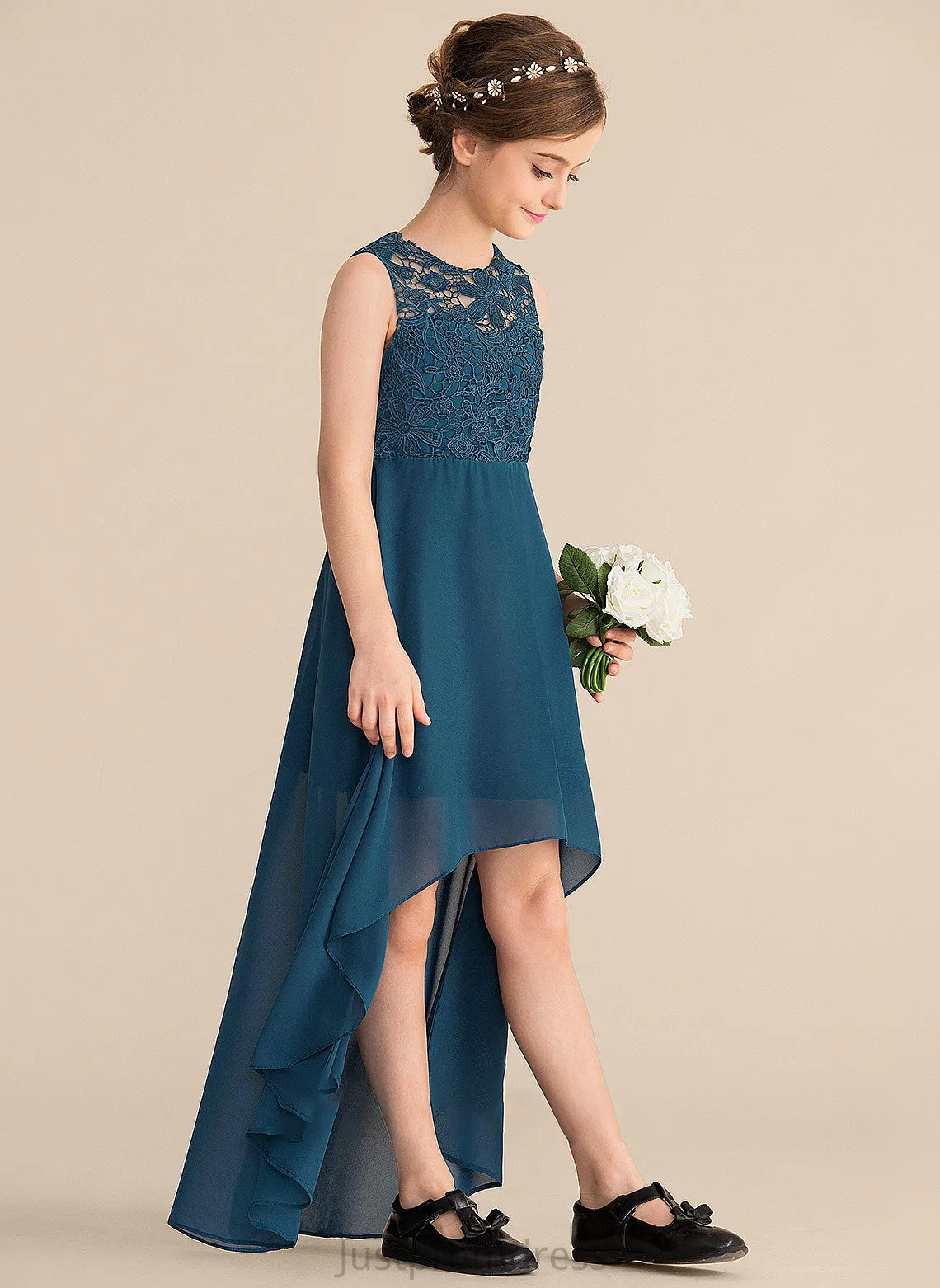 Adeline A-Line Asymmetrical Neck Junior Bridesmaid Dresses Lace Scoop Chiffon