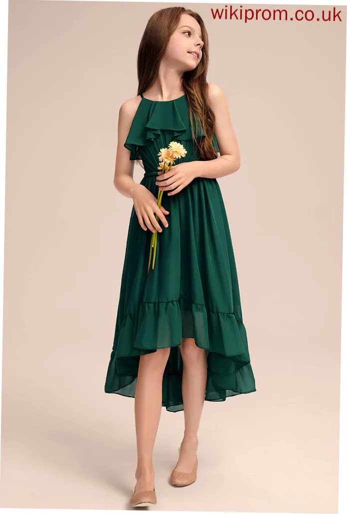 Asymmetrical Chiffon Cascading Neck Ruffles Junior Bridesmaid Dresses Margaret Scoop With A-Line