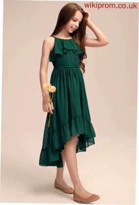 Asymmetrical Chiffon Cascading Neck Ruffles Junior Bridesmaid Dresses Margaret Scoop With A-Line