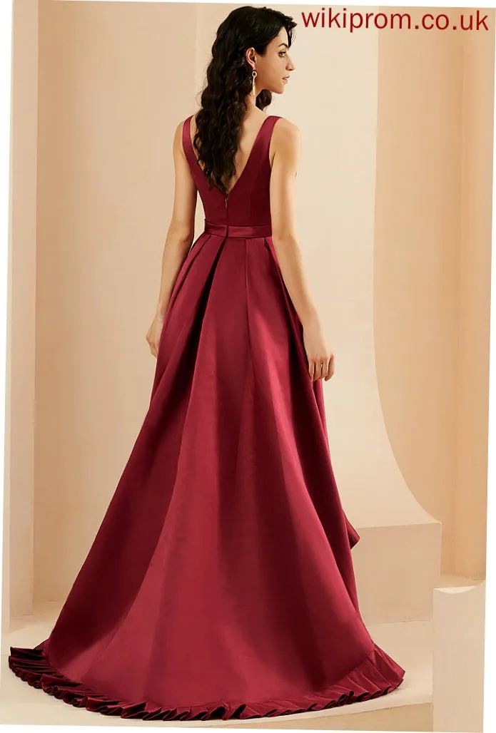 Ball-Gown/Princess Asymmetrical Pockets Prom Dresses Catherine Satin V-neck With