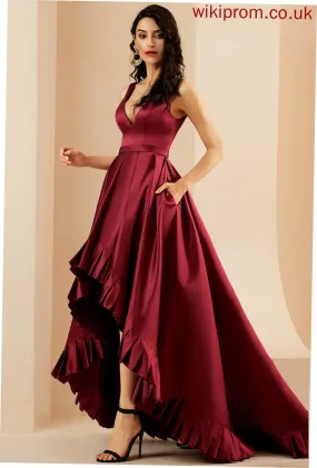 Ball-Gown/Princess Asymmetrical Pockets Prom Dresses Catherine Satin V-neck With