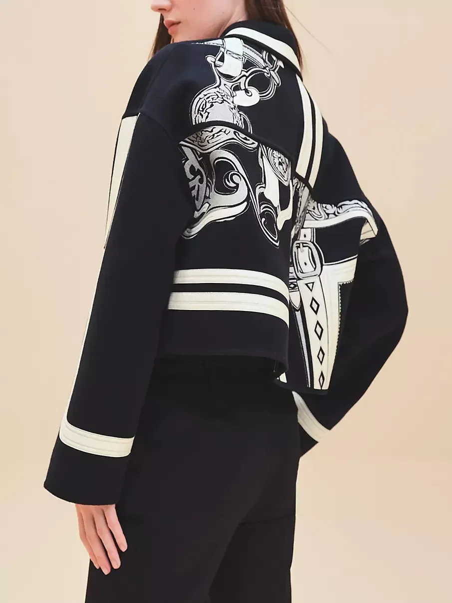 Black and White Embroidered Cropped Zip-Front Cashmere Jacket