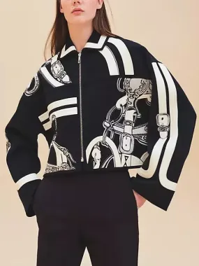 Black and White Embroidered Cropped Zip-Front Cashmere Jacket