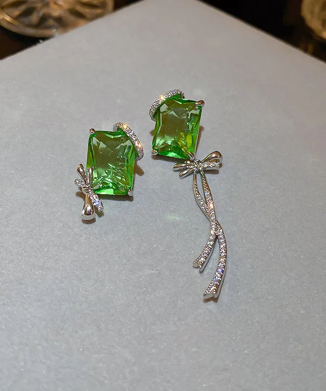 Boutique Green Copper Zircon Asymmetrical Square Bow Drop Earrings WH044