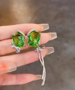 Boutique Green Copper Zircon Asymmetrical Square Bow Drop Earrings WH044