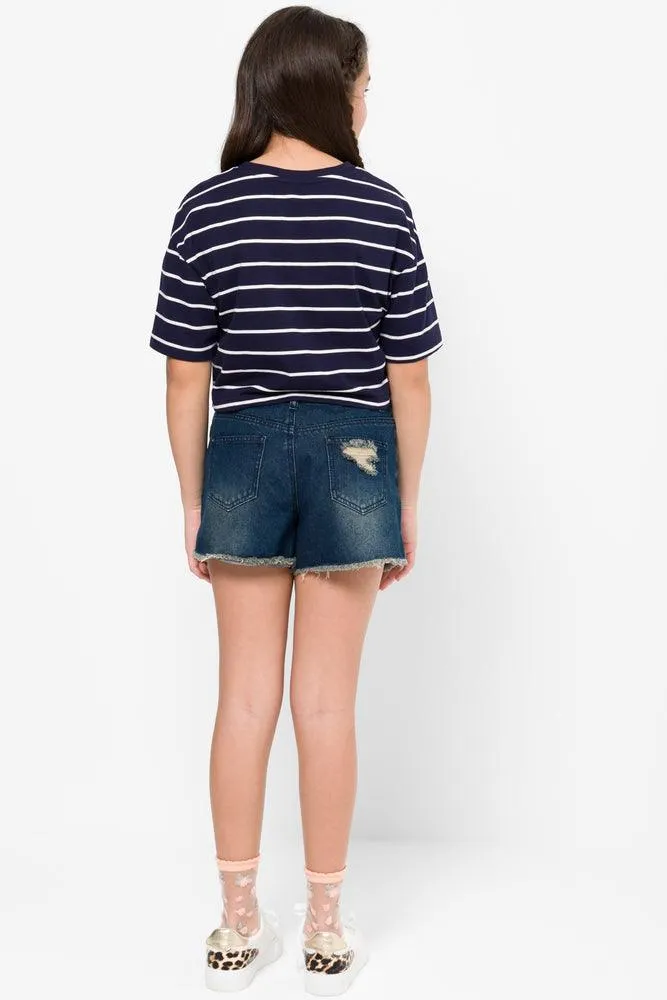 Boxy Dropped Shoulder T-Shirt Navy Stripe