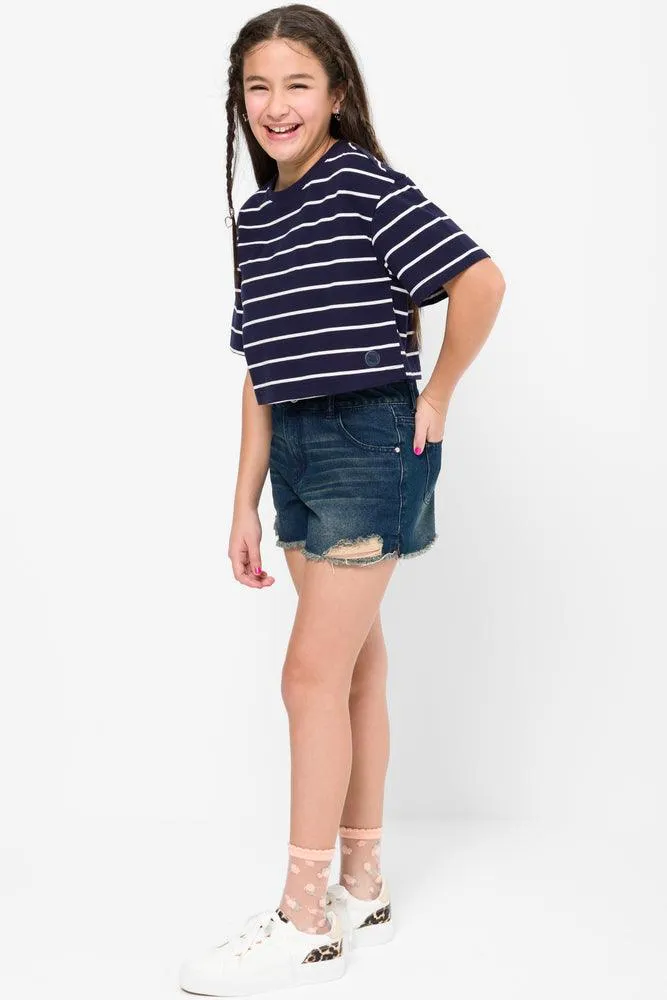 Boxy Dropped Shoulder T-Shirt Navy Stripe