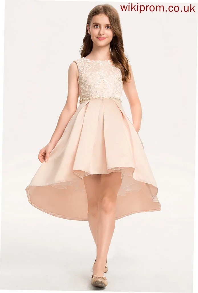 Braelyn Junior Bridesmaid Dresses Lace Asymmetrical Neck Beading Scoop Satin Pockets With A-Line