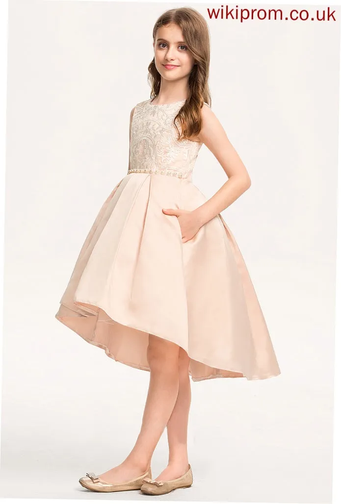 Braelyn Junior Bridesmaid Dresses Lace Asymmetrical Neck Beading Scoop Satin Pockets With A-Line