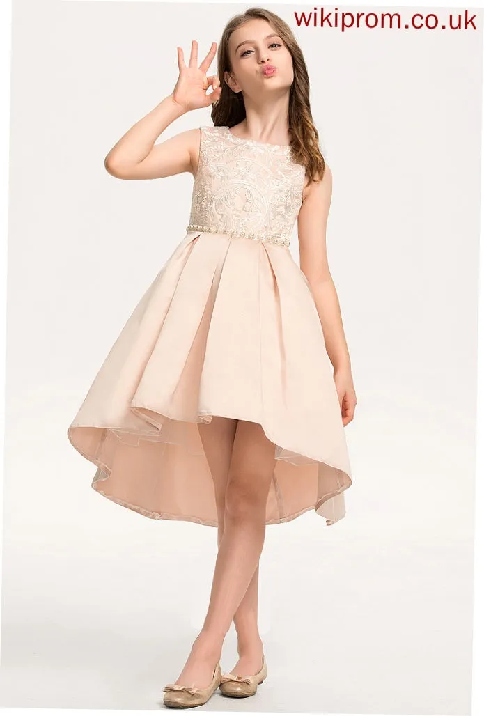 Braelyn Junior Bridesmaid Dresses Lace Asymmetrical Neck Beading Scoop Satin Pockets With A-Line