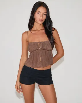 Carmina Tie Front Cami Top in Mesh Brown