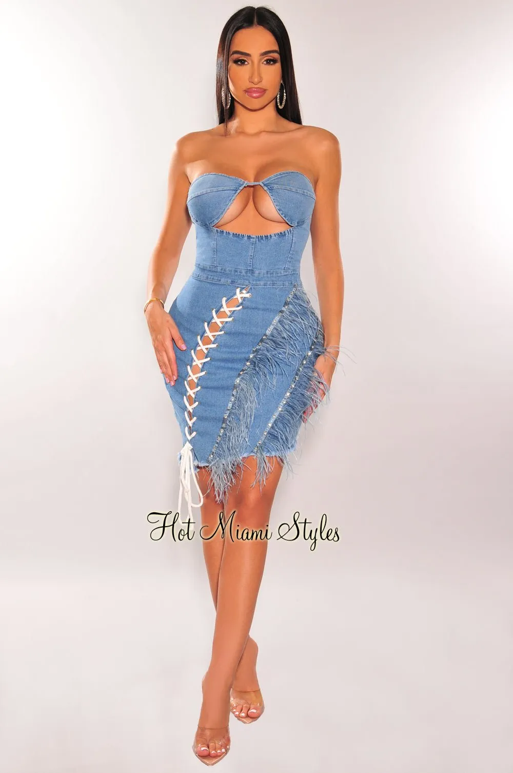 Denim Feather Strapless Padded Underwire Cut Out Lace Up Asymmetrical Dress