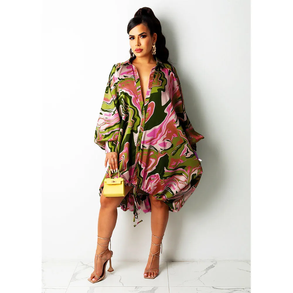 Drawstring Button Down Printing Asymmetrical Lapel Collar Loose Shirt Dress