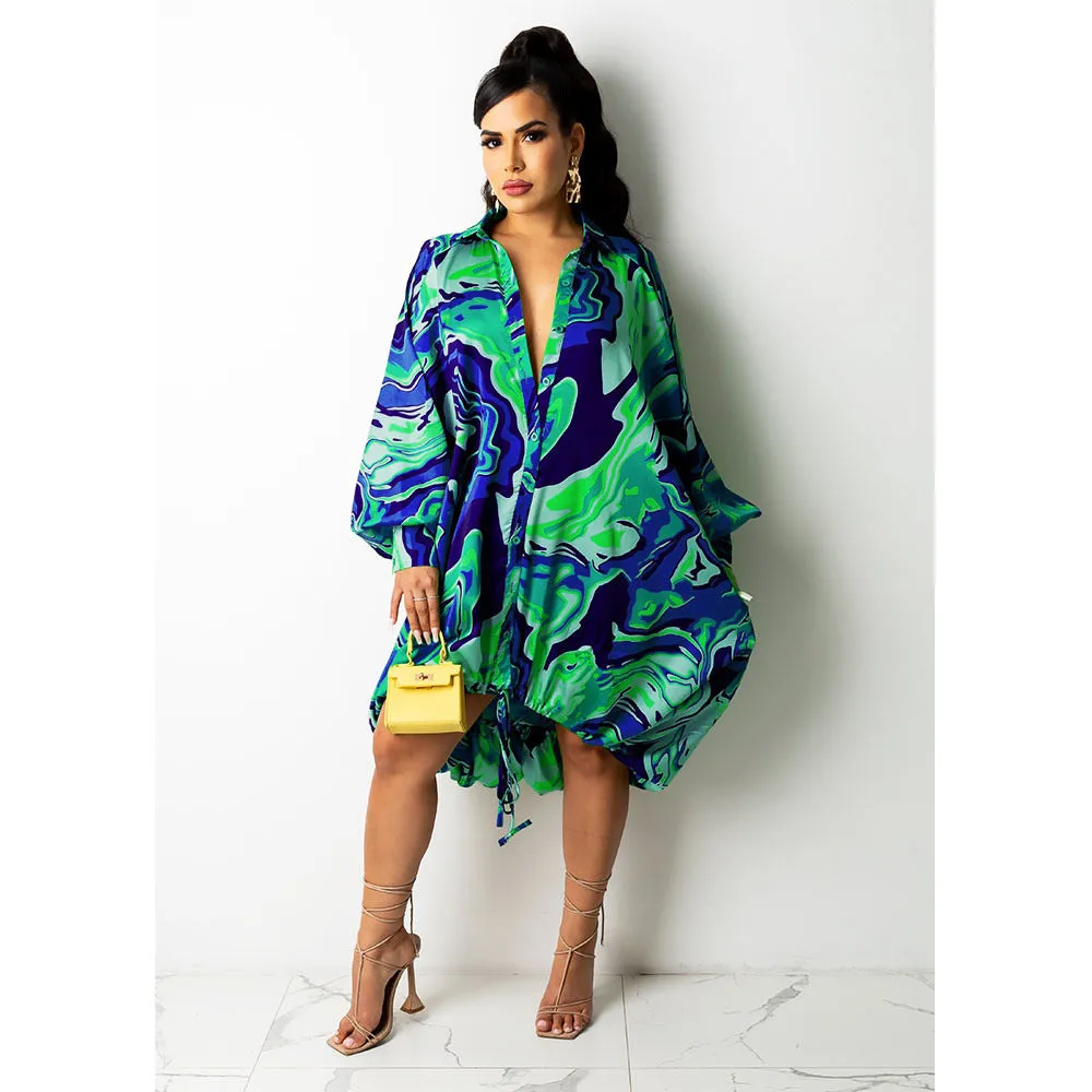 Drawstring Button Down Printing Asymmetrical Lapel Collar Loose Shirt Dress