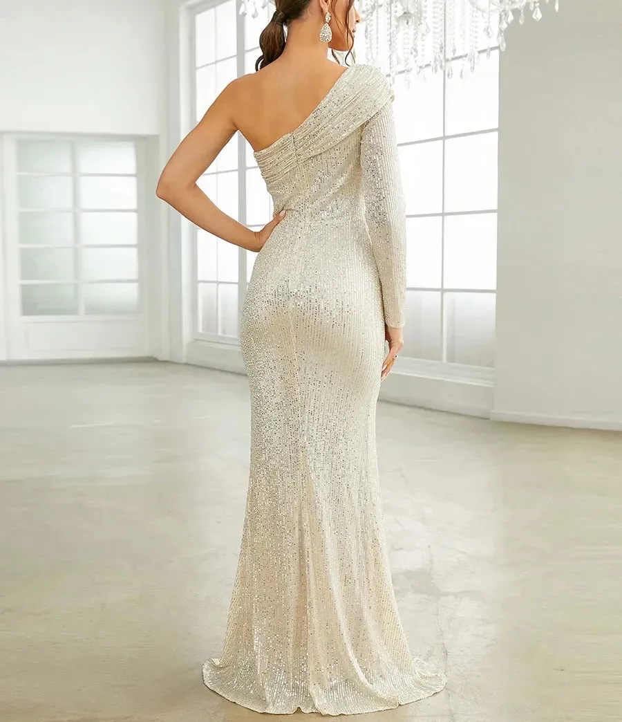 Elegant Apricot Sequin One Shoulder Long sleeve Split Evening Dress