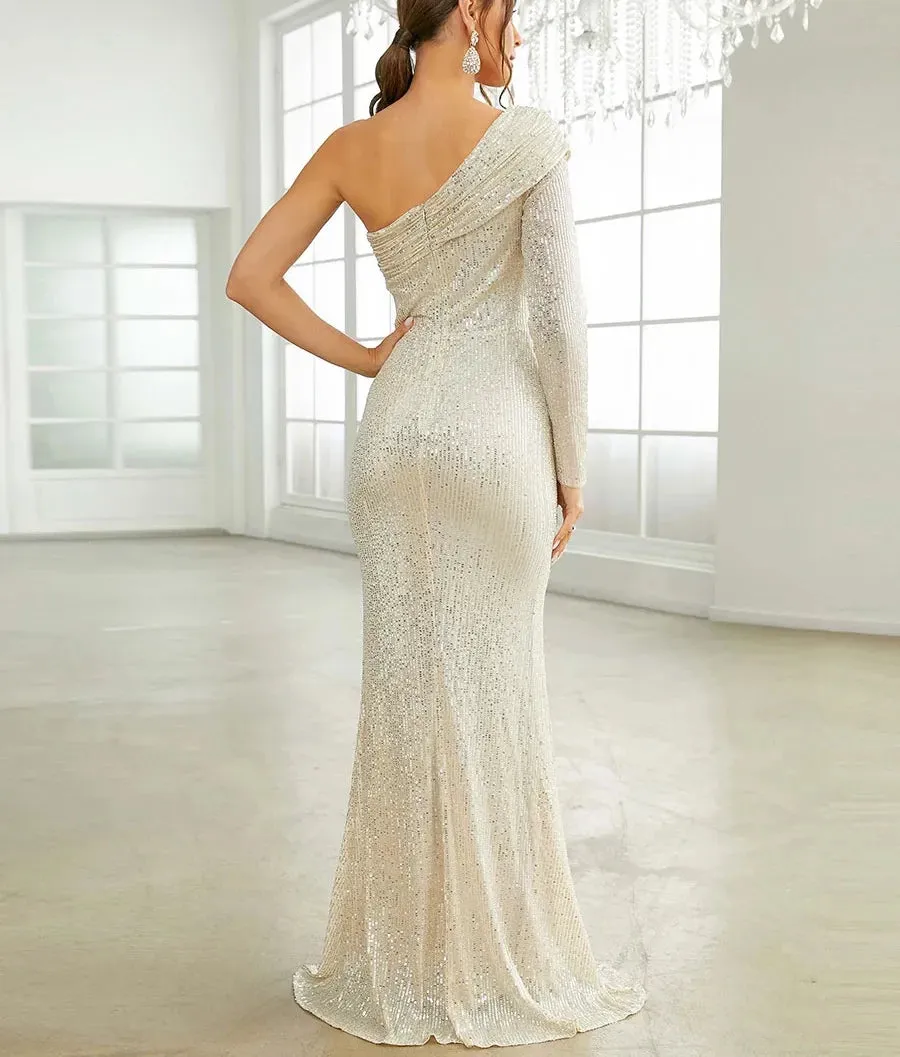 Elegant Apricot Sequin One Shoulder Long sleeve Split Evening Dress