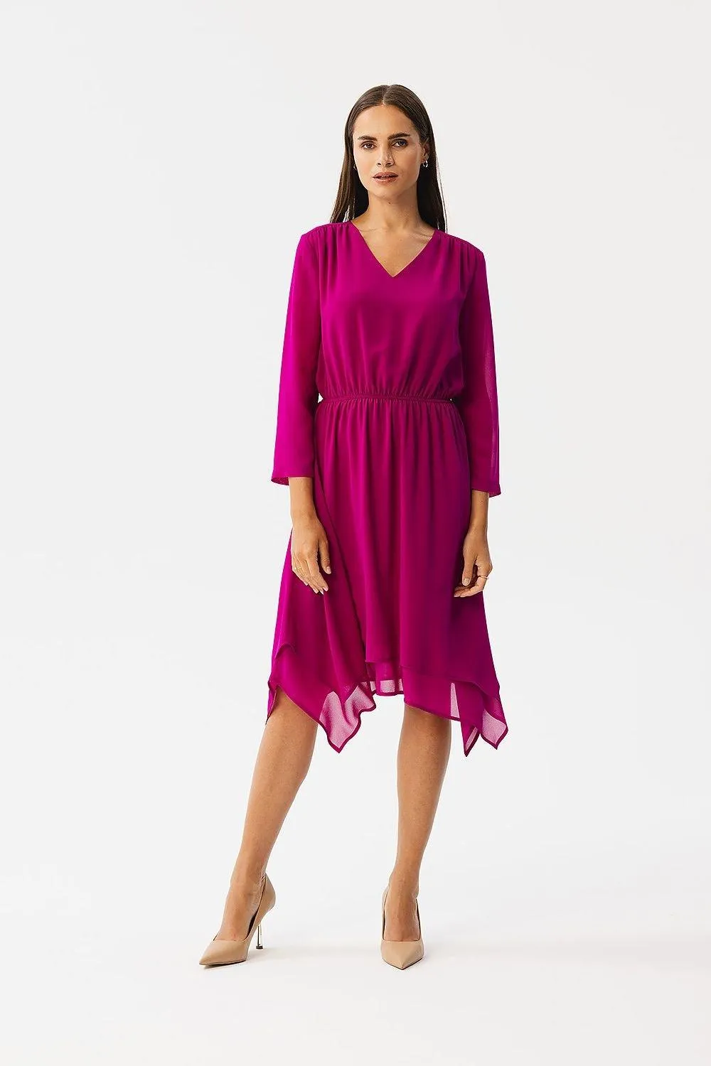 Elegant Chiffon Dress with Asymmetrical Hem and Stylish Sleeves