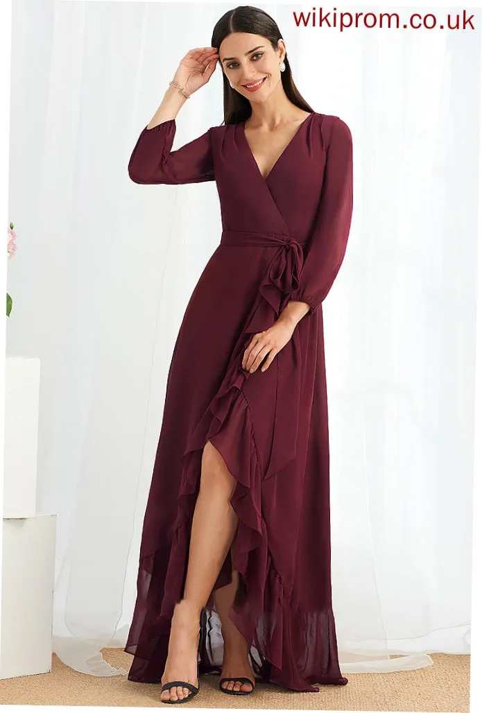 Embellishment Fabric V-neck Asymmetrical A-Line Silhouette Neckline SplitFront Ruffle Length Desiree Sleeveless Bridesmaid Dresses