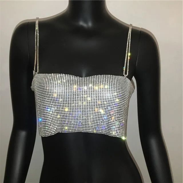 Festival Metal Mesh Halter Metallic Strap Crop Top