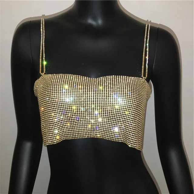 Festival Metal Mesh Halter Metallic Strap Crop Top