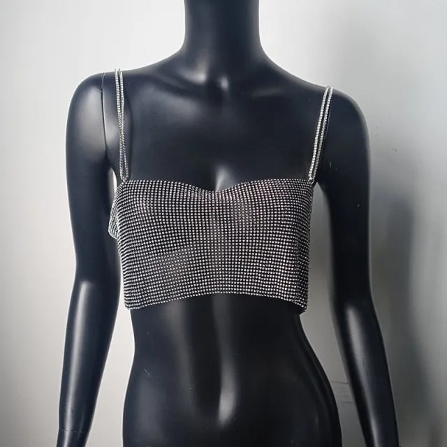 Festival Metal Mesh Halter Metallic Strap Crop Top