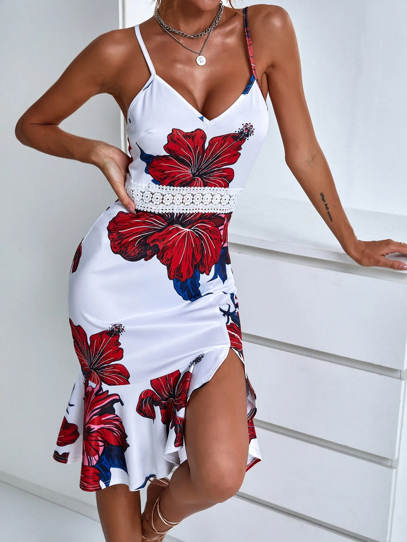 Floral Asymmetrical Sleeveless Spaghetti Strap Asymmetrical High Waist Midi Dress