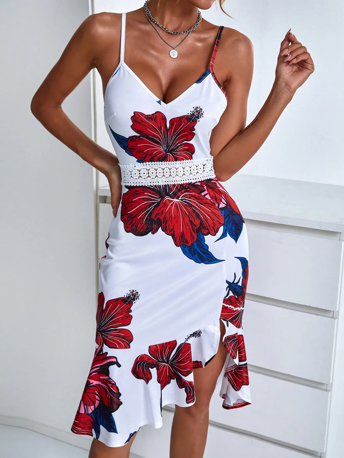 Floral Asymmetrical Sleeveless Spaghetti Strap Asymmetrical High Waist Midi Dress