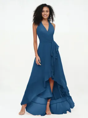 Halter Deep-V Neck Chiffon Asymmetrical High Low Dresses-Ink Blue Bridesmaid Dresses