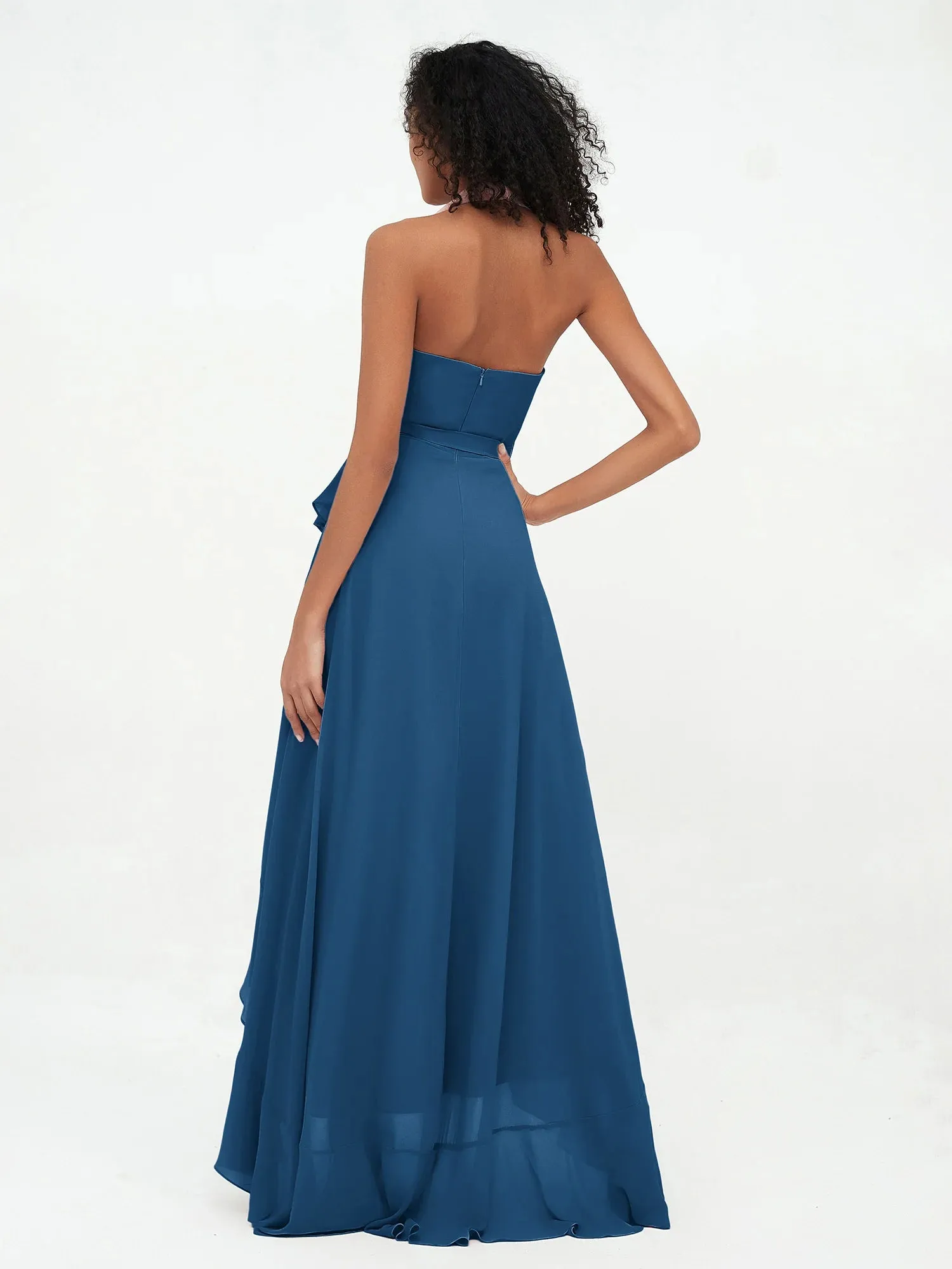 Halter Deep-V Neck Chiffon Asymmetrical High Low Dresses-Ink Blue Bridesmaid Dresses