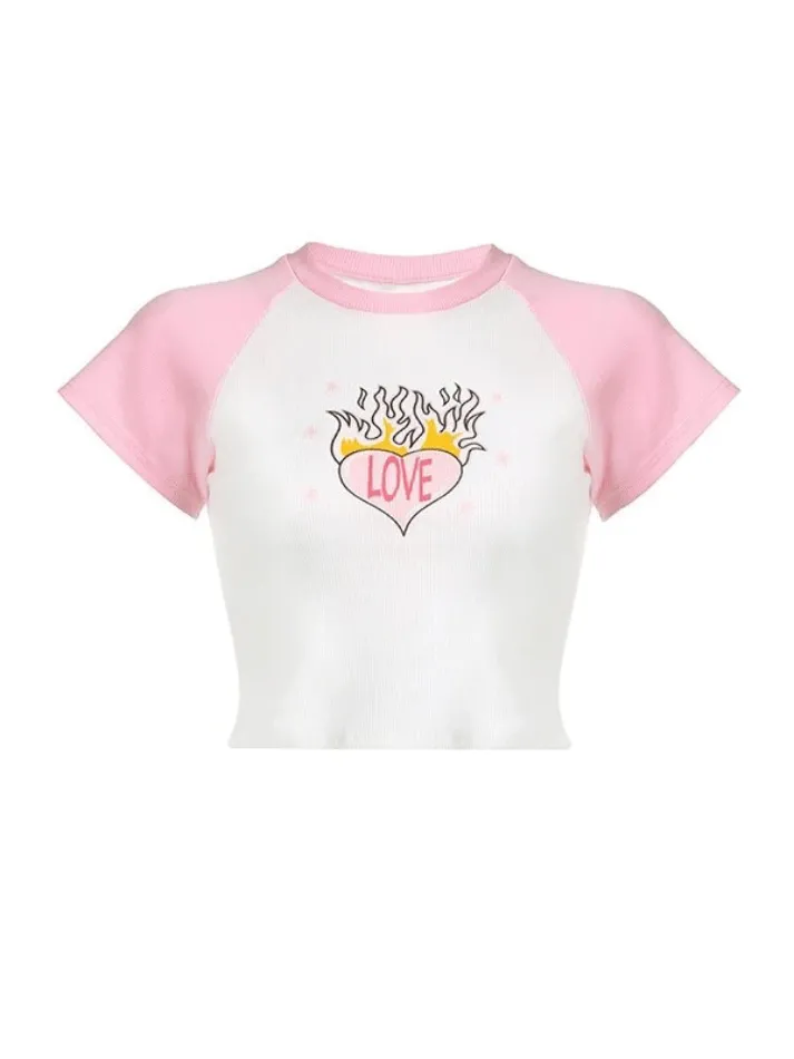 Heart Print Raglan Short Sleeve Tee