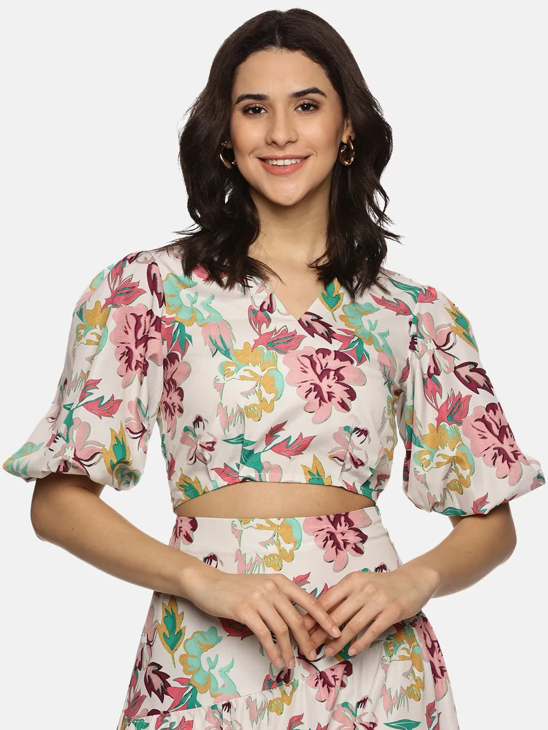 IS.U Floral Multicolor Puff Sleeve Crop Top