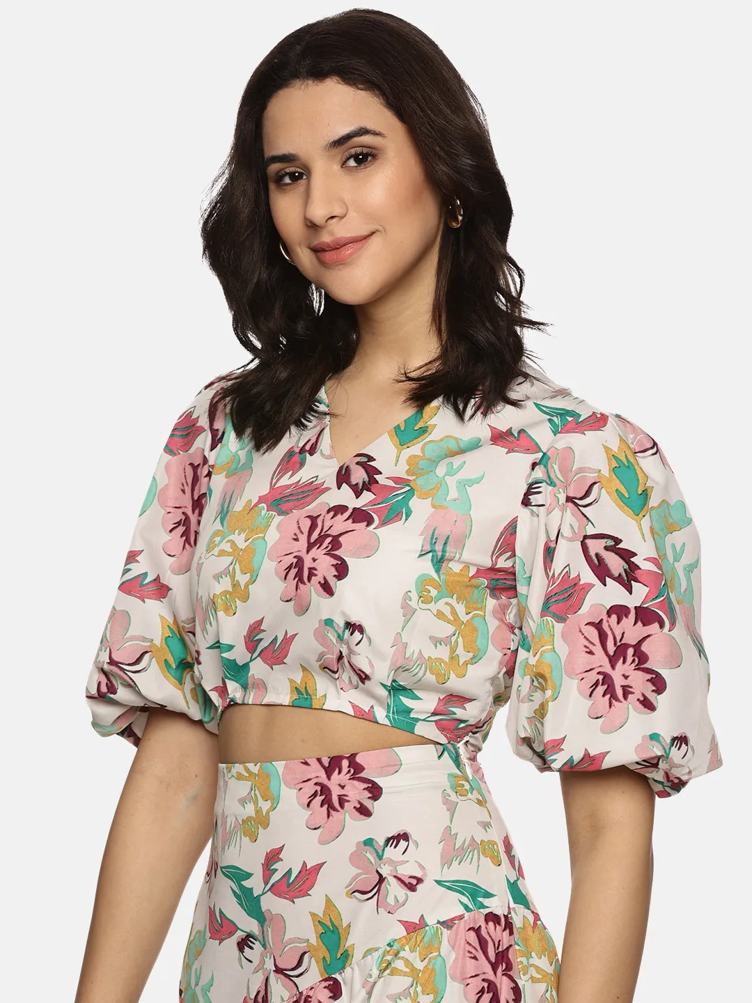 IS.U Floral Multicolor Puff Sleeve Crop Top